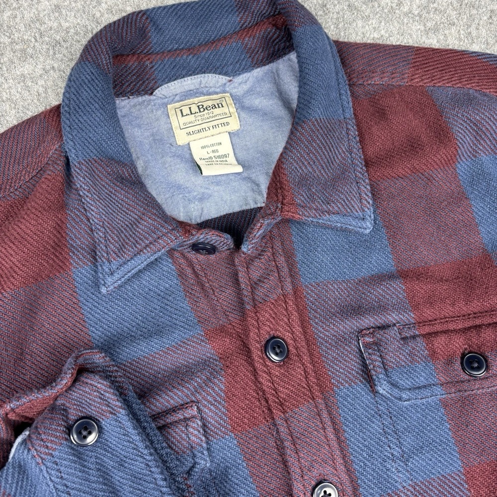 Ll Bean Shacket Mens‎ Large Flannel Shirt Plaid Red Blue Slightly Fitted Buffalo